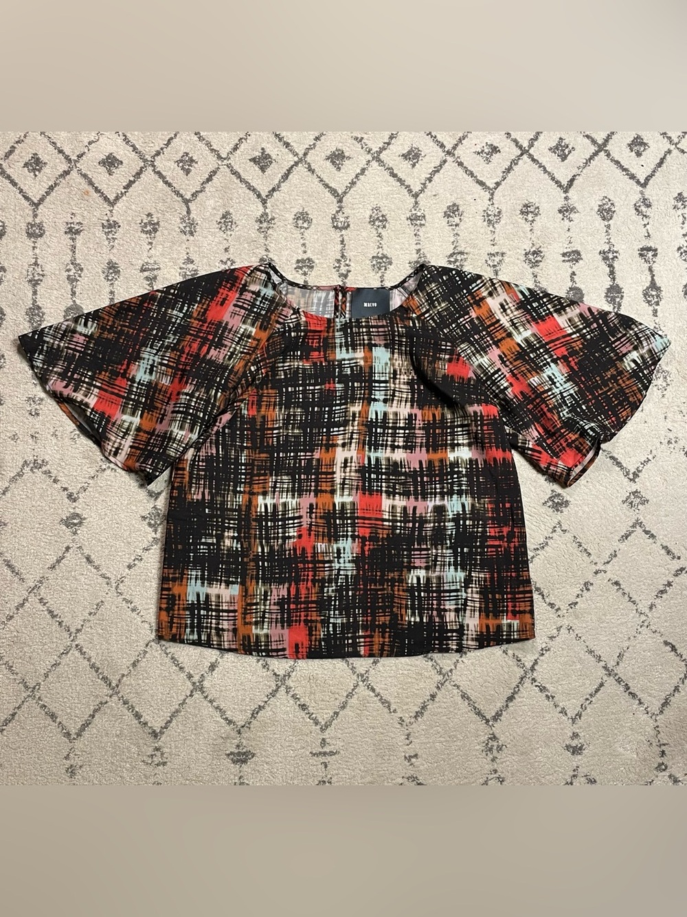 Maeve Black Multicolor Abstract Plaid Top